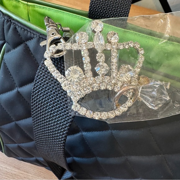 My Flat In London MFIL Rhinestone Green Frog Black Quilted Nylon Diaper Bag - Picture 7 of 16
